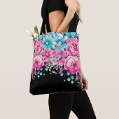 Modern Elegant Feestelijk Roze & Blauwgroen Bloeme Tote Bag (Dichtbij)