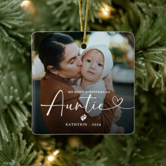 Modern Elegant First Christmas As Auntie Photo Cer Keramisch Ornament