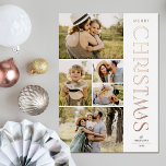 Modern Elegant Five Photo Collage Kerstmis Folie Feestdagenkaart<br><div class="desc">Verstuur prachtige feestbegroetingen met deze 5 fotocollage kerstkaarten! Ze bevatten vijf fotosjablonen links op de kaart, met een stijlvolle, moderne typografie rechts, die "Vrolijk kerstfeest" in echte folie leest (verkrijgbaar in goud, roos goud en zilver). De achterkant van de kaart bevat een eenvoudig, modern patroon van zwarte haarpunten (gemakkelijk verwijderd,...</div>