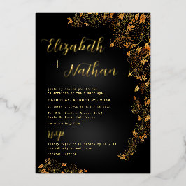 Modern Elegant Floral Black & Gold Wedding Folie Uitnodiging