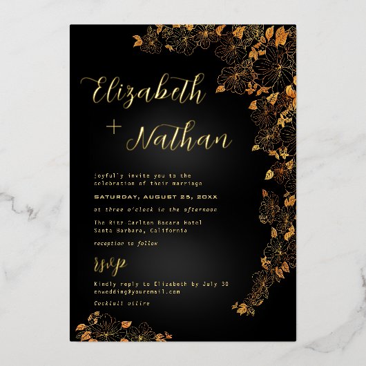 Modern Elegant Floral Black & Gold Wedding Folie Uitnodiging (Voorkant)
