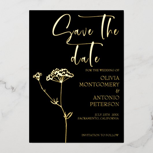 Modern Elegant Floral Black Save the date Folie Uitnodiging (Voorkant)