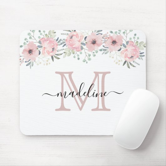 Modern Elegant Floral Blush Pink Monogram Muismat (Met muis)