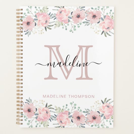 Modern Elegant Floral Blush Pink Monogram Planner (Voorkant)
