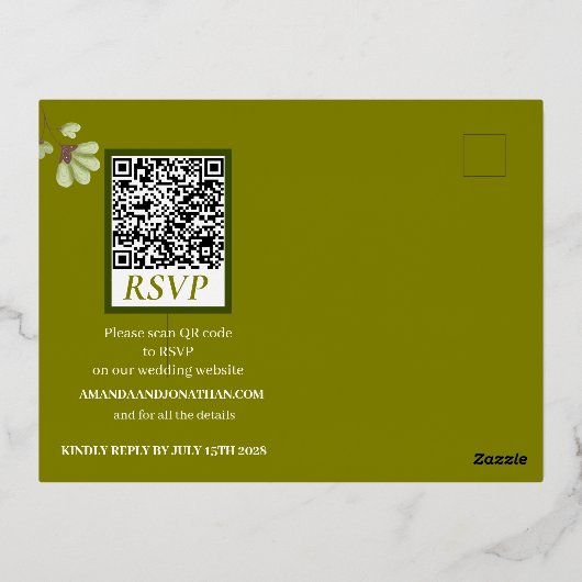 Modern Elegant Floral Bohemian Olive and Gold Folie Uitnodiging Briefkaart (Achterkant)