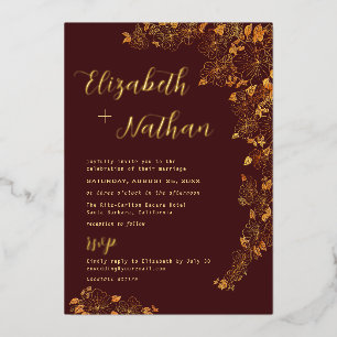 Modern Elegant Floral Burgundy & Gold Wedding Folie Uitnodiging