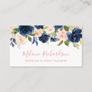 Modern Elegant Floral Classic Blue Pink Blush Visitekaartje