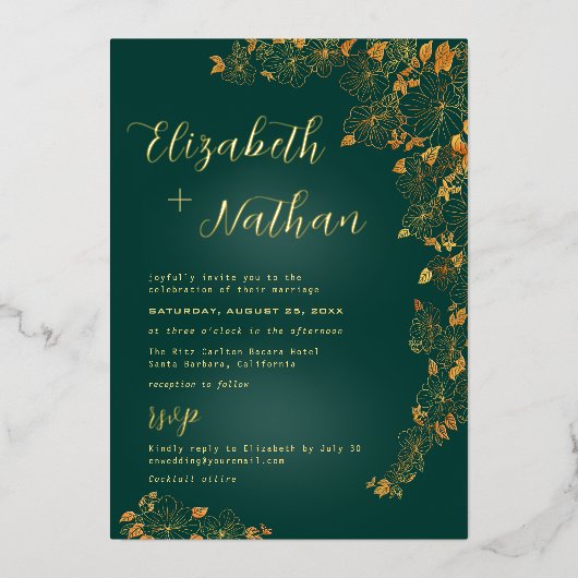 Modern Elegant Floral Emerald Green Wedding Gold Folie Uitnodiging (Voorkant)