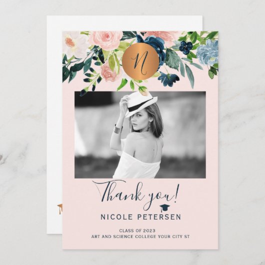 Modern elegant floral gold afstudeerder afstuderen bedankkaart (Voorkant / Achterkant)