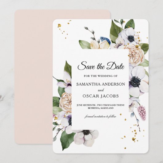 Modern Elegant Floral Lijst & Gold Drups Save The Date (Voorkant / Achterkant)