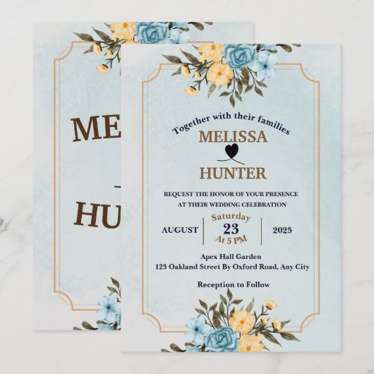 Modern Elegant Floral Lijst Waterverf Wedding Kaart (Voorkant / Achterkant)