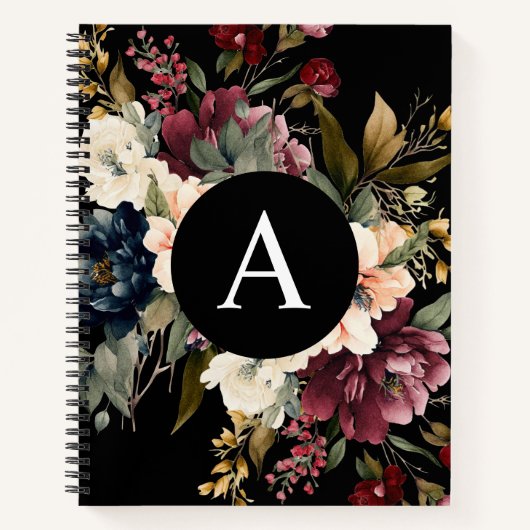 Modern Elegant Floral Monogram Gepersonaliseerd Notitieboek (Voorkant)