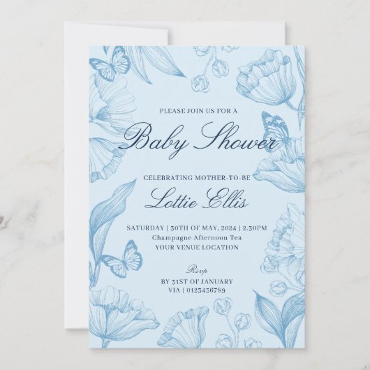 Modern Elegant Floral Sky Blue Boy Baby shower Kaart (Voorkant)