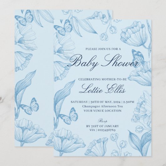 Modern Elegant Floral Sky Blue Boy Baby shower Kaart (Voorkant / Achterkant)