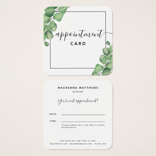 Modern Elegant Foliage Greenery Appointment Card Vierkante Visitekaartjes (Voorkant /achterkant)