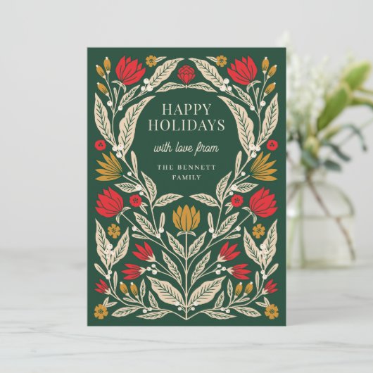 Modern Elegant Folk Floral Christmas Photo Feestdagenkaart (Staand voorkant)