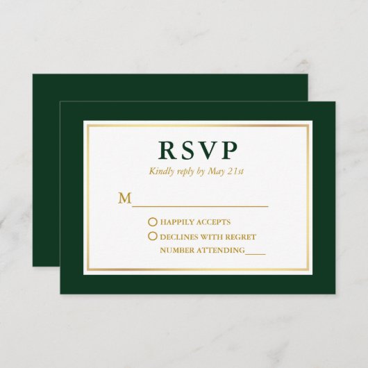 Modern Elegant Forest Green Gold RSVP Kaartje (Voorkant / Achterkant)