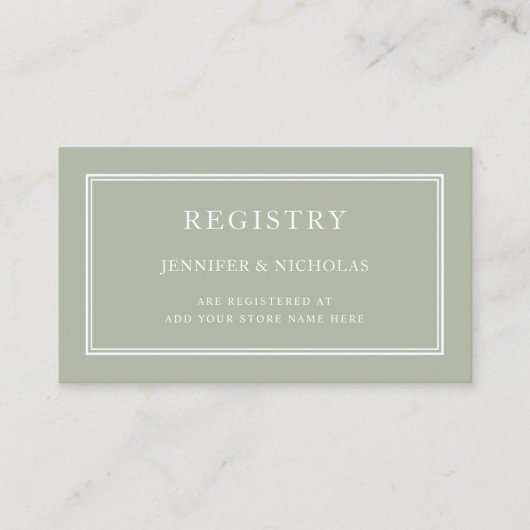 Modern Elegant Formal Sage Green Wedding Registry Informatiekaartje (Voorkant)