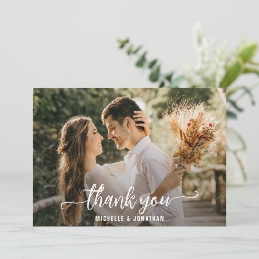 Modern Elegant Full Photo Script Wedding Bedankkaart (Staand voorkant)