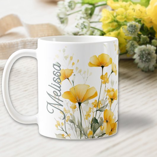 Modern Elegant Geel Waterverf Bloemenscript Koffiemok