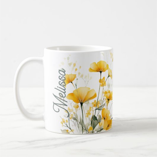 Modern Elegant Geel Waterverf Bloemenscript Koffiemok (Links)
