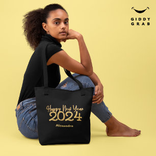 Modern Elegant Gelukkig Nieuwjaar 2024 Zwart Tote Bag