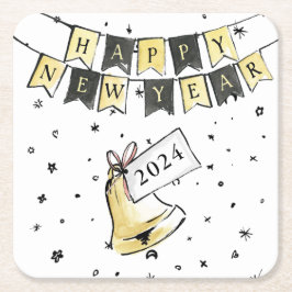 Modern Elegant Gelukkig Nieuwjaar Zwart Goud Party Kartonnen Onderzetters