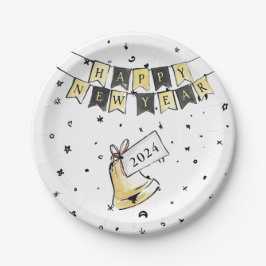 Modern Elegant Gelukkig Nieuwjaar Zwart Goud Party Papieren Bordje