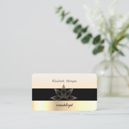 Modern Elegant Gestreept Zwart, Goud, Lotus Visitekaartje (Staand voorkant)