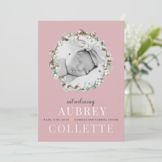 Modern Elegant Girl Pink Foto geboorteaankondiging (Staand voorkant)