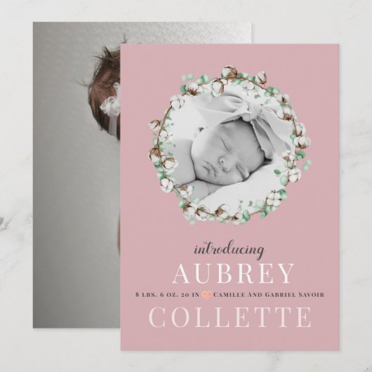 Modern Elegant Girl Pink Foto geboorteaankondiging (Voorkant / Achterkant)