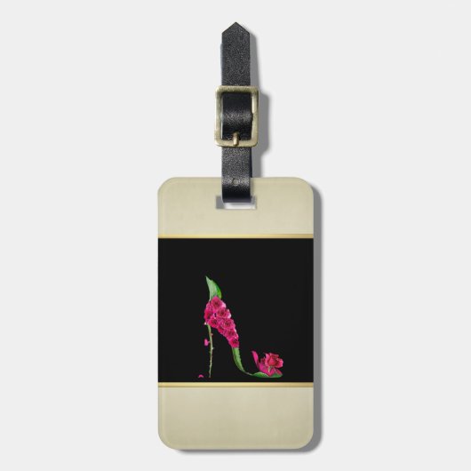 Modern Elegant Girly, Black, Cream, Flower Hiel Bagagelabel (Voorkant verticaal)
