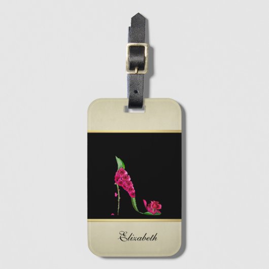 Modern Elegant Girly, Black, Cream, Flower Hiel Bagagelabel (Voorkant (verticaal))