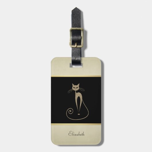 Modern Elegant Girly, Black, Cream, Glittery Cat Bagagelabel (Voorkant verticaal)