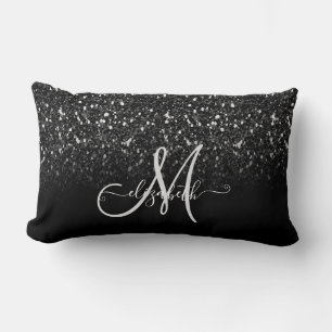 Modern Elegant Girly, Black Glitter Ombre Monogram Kussen