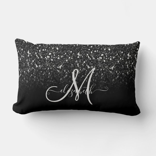 Modern Elegant Girly, Black Glitter Ombre Monogram Kussen (Voorkant)