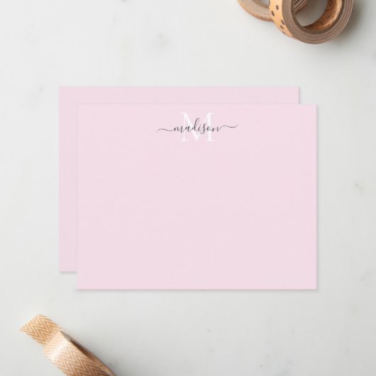 Modern Elegant Girly Script Monogram Blush Pink Notitiekaartje (Voorkant / Achterkant in situ)