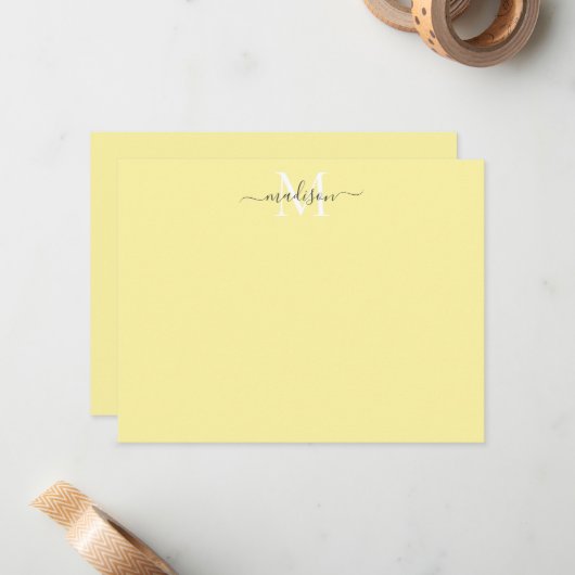 Modern Elegant Girly Script Monogram Lemon Yellow Notitiekaartje (Voorkant / Achterkant in situ)