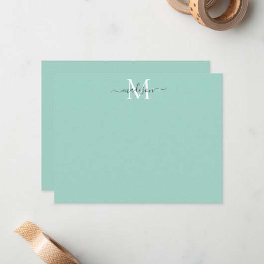 Modern Elegant Girly Script Monogram Mint Green Notitiekaartje (Voorkant / Achterkant in situ)