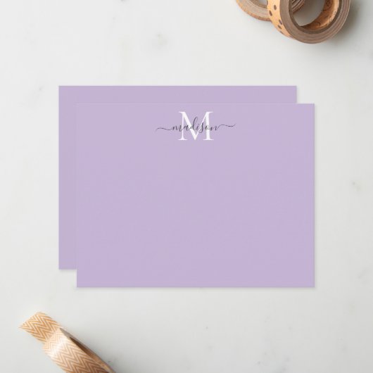 Modern Elegant Girly Script Monogram Paars Violet Notitiekaartje (Voorkant / Achterkant in situ)