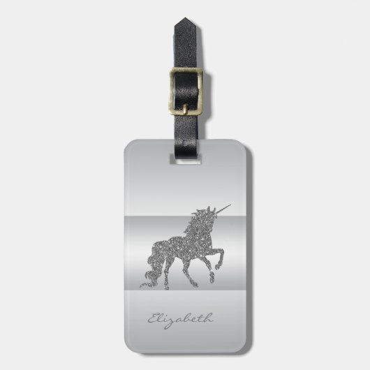 Modern Elegant Girly, Silver Glitter Unicorn Bagagelabel (Voorkant verticaal)