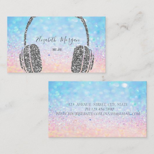Modern elegant Glitter Bokeh Silver Headphone DJ Visitekaartje (Voorkant / Achterkant)