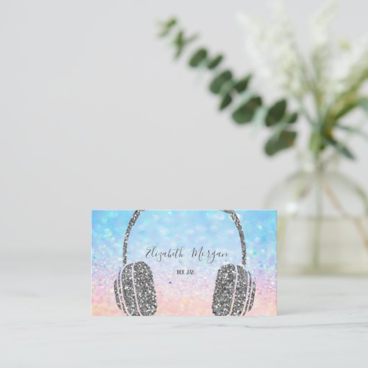 Modern elegant Glitter Bokeh Silver Headphone DJ Visitekaartje (Staand voorkant)