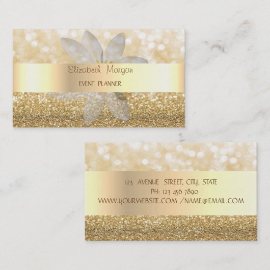 Modern Elegant Glittery, Bokeh, White Daisy Visitekaartje (Voorkant / Achterkant)