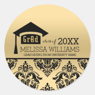 Modern Elegant Gold & Black Damask 2016 Afstuderen Ronde Sticker