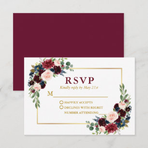 Modern Elegant Gold Burgundy Blue Floral Wedding RSVP Kaartje