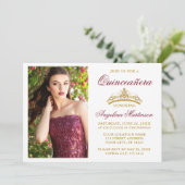 Modern Elegant Gold Crown Burgundy Quinceanera Kaart (Staand voorkant)
