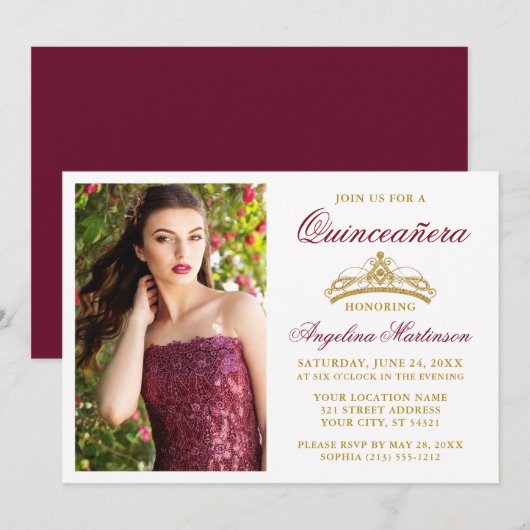 Modern Elegant Gold Crown Burgundy Quinceanera Kaart (Voorkant / Achterkant)