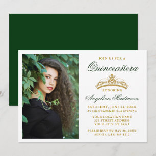 Modern Elegant Gold Crown Foto Green Quinceanera Kaart