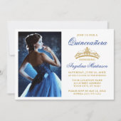 Modern Elegant Gold Crown Royal Blue Quinceanera Kaart (Voorkant)